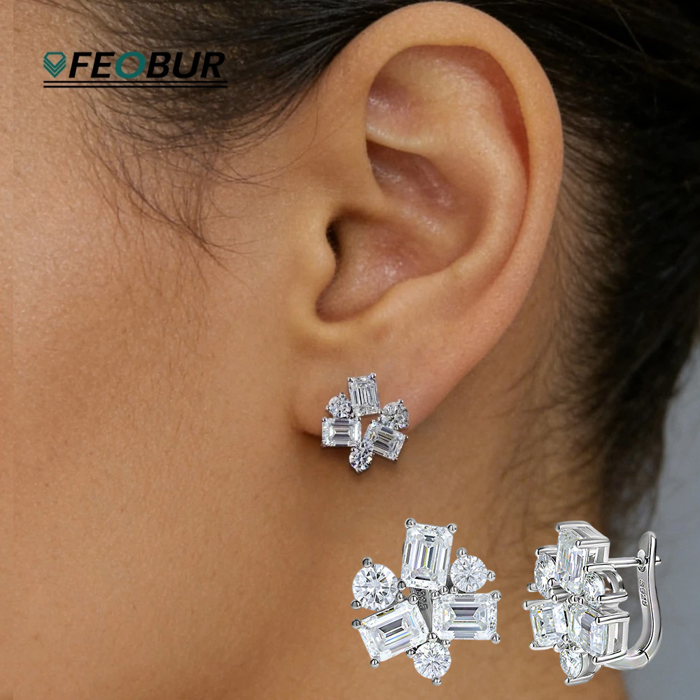 Cluster Stud Ear - Brincos de Moissanite Baguete e Redondos